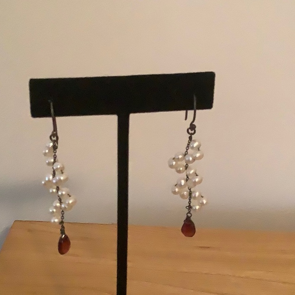 Genuine Pearl, Silver and Garnet Briolette Dangle Earrings